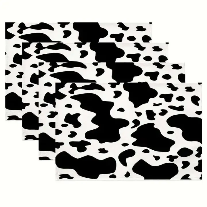 4 manteles individuales con estampado, manteles lavables con estampado de vaca en blanco y negro, temáticos para festivales, banquetes, mesas de comedor y - 1
