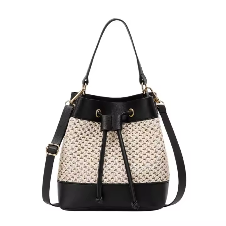 Bolso cruzado de paja con bolsillo, bolso de cubo tejido con cordón, bolso de mensajero de gran capacidad, bolso de hombro de playa para verano - 1