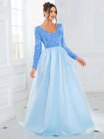 Elegante Vestido de Terciopelo con Lentejuelas Cuello en V, Manga Larga, Red de Cetín, Azul Cielo y Rosa, Perfecto para Fiestas - details 3