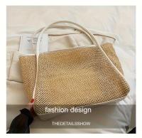 Bolso de Hombro de Paja de Gran Capacidad Textura Tejida Natural Adorno de Bloque de Color - details 2