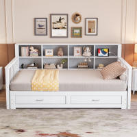 Ausziehbares Massivholz-Schlafsofa 90/180x190 cm, Stauschrank mit Ladesteckdose in der Seitenlehne, Mit 2 Schubladen und Lattenrost, Multifunktionales Kiefernbett , Weiß - details 0