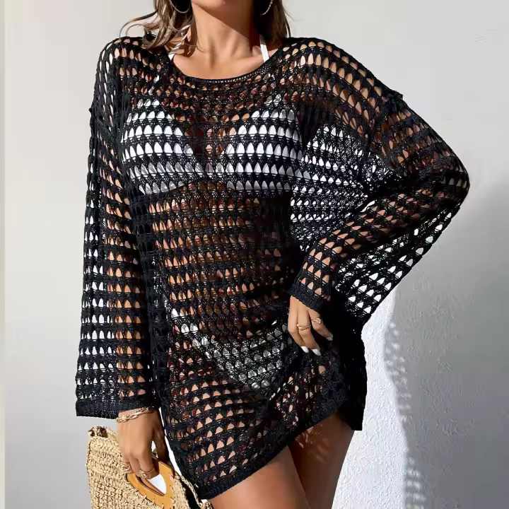 Elegante Cubierta de Punto con Cuello Redondo y Manga Larga Vestido de Playa de Ligero para Verano con Diseño Hueco, Protección Solar, Tela Transpirable - 1