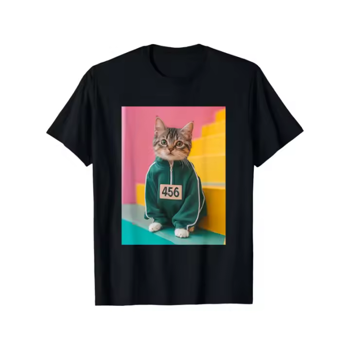 Camiseta divertida de gato Diseño animado de gatito, manga corta unisex, holgada casual, 100% algodón, tallas S-XXXL, fondo de rayas negros, camiseta estampada elegante - 1