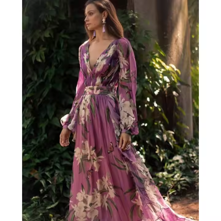 Vestido estampado de verano único para mujer, vestido maxi con cuello en V y manga larga elegante. - 1