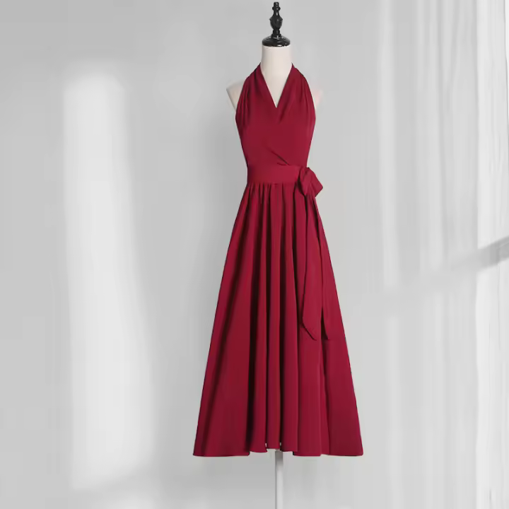 Vestido largo francés de alta gama de verano con cuello rojo, vestido estilo hada Hepburn RQ - 1