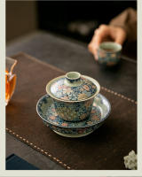 Ru kiln juego de kung fu de cerámica cubierto de tres piezas de peonía dorada de filigrana azul y blanca, juego de tazas de té de cuenco grande para el hogar - details 9