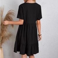 Vestido de playa elegante plisado de manga corta con cuello en V para mujer, ropa sencilla y cómoda, falda monocromática de corte A - details 2