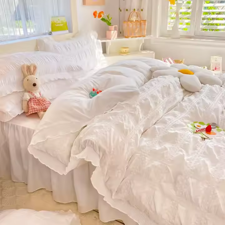 Tiendas Juego de cama Seersucker de estilo princesa para mujer, algodón, Color sólido, falda de cama con volantes, juegos de sábanas, funda de edredón King Queen - 1