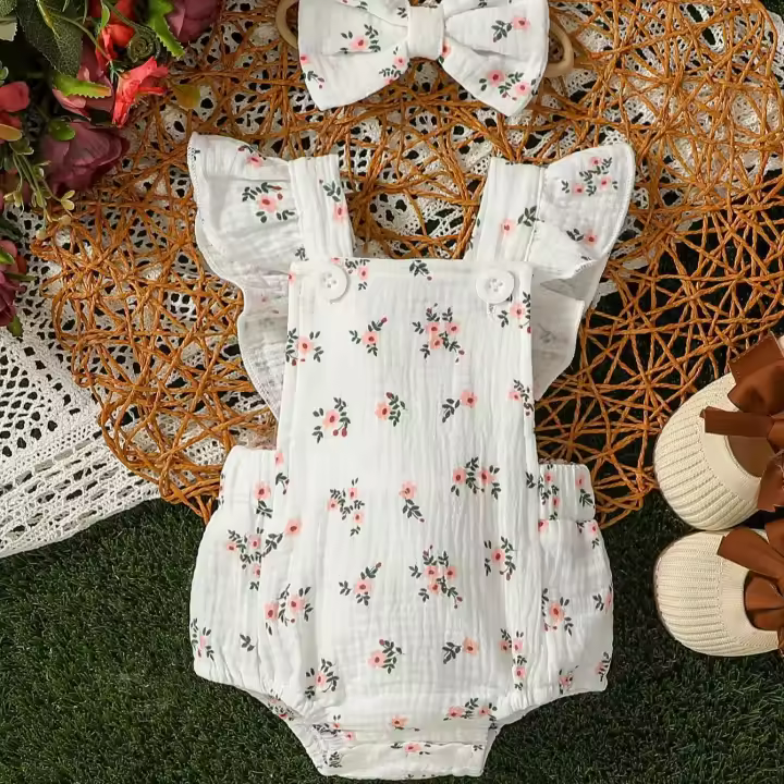 Bonita ropa de verano para bebés y niñas, floral con mangas con volantes, conjunto (sin gorro) - 1