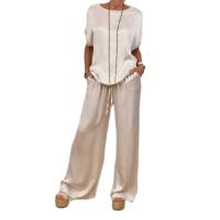 Conjuntos de dos piezas de camiseta y pantalones de satén holgados informales para mujer, camisetas de manga corta con cuello redondo a la moda, traje para primavera y verano, conjuntos de pantalones de pierna ancha - details 0