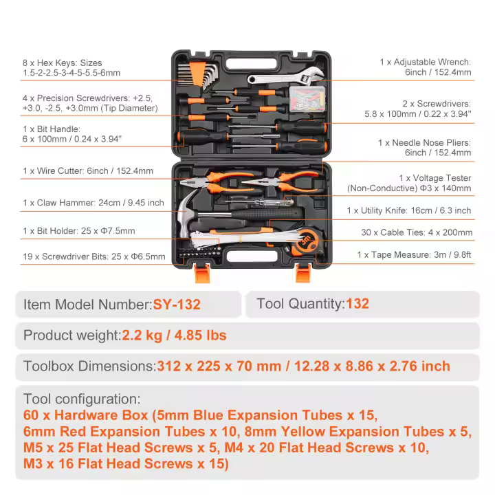 SucceBuy Kit de herramientas, juego de herramientas manuales generales para el hogar, con estuche de almacenamiento portátil, acero de alta calidad, para el mantenimiento del hogar, tareas de bricolaje y reparaciones de automóviles - 1