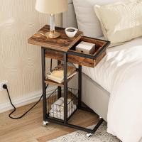 Mesa Auxiliar con Estación de Carga, Mesa de Centro Abatible en Forma de C con Ruedas y Estante de Almacenamiento, Puertos USB Tomas Corriente, para Salón Dormitorio, Greige y Negro EBG022SF01 - details 13