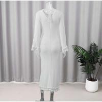 Vestido largo de punto con mangas acampanadas y dobladillo con volantes para mujer, Vestido elegante con espalda descubierta y cuello redondo con cordones, batas de vacaciones para mujer - details 2