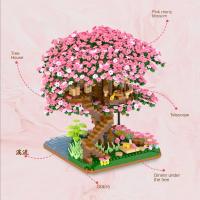 Bloques de construcción para niños, casa del árbol, juguete de ladrillos, tren, flor de cerezo, color rosa, modelo - details 1
