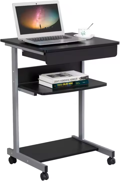 Mesa Ordenadora con Ruedas Pequeña Escritorio para Juegos con Estante para Teclado - 1