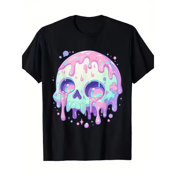 Camiseta Kawaii Pastel Goth Creepy Cute Melty Colorful Skull, 100% Algodón, 220g - 1