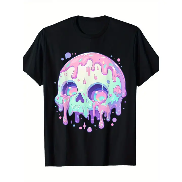 Camiseta Kawaii Pastel Goth Creepy Cute Melty Colorful Skull, 100% Algodón, 220g - 1