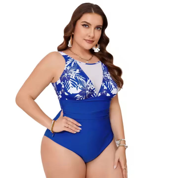 Más tamaño mujer una pieza traje de baño malla patchwork sexy espalda abierta apretado plisado traje de baño delgado - 1