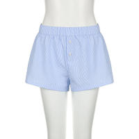 Pantalones cortos básicos cómodos e informales sueltos con botones de cintura elástica tejidos a rayas de verano para mujer - details 11