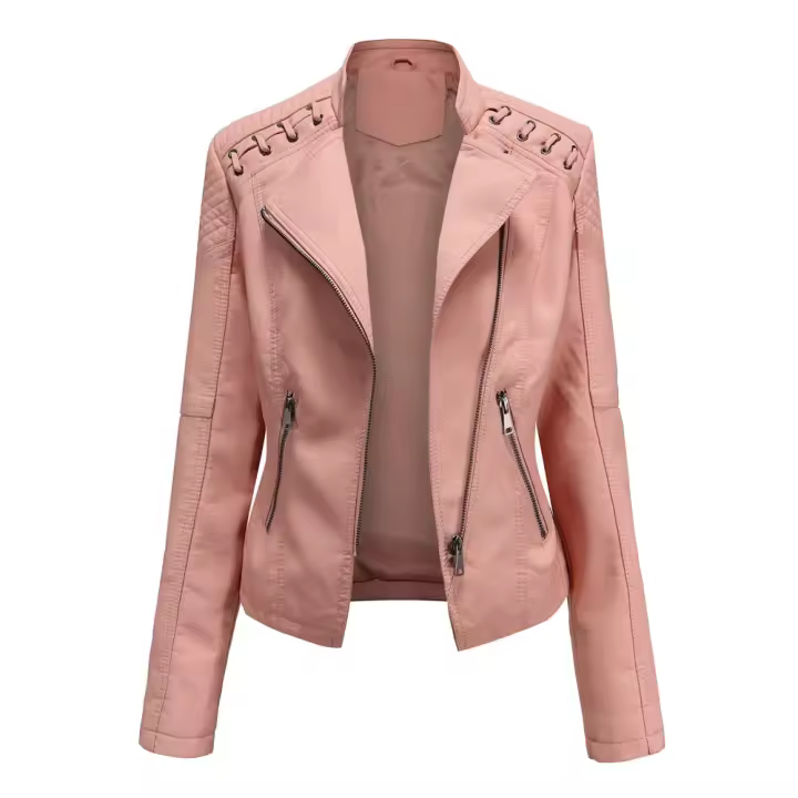 Chaqueta de Mujer de Cuero Sintético Estilo Varsity Moto Biker Bomber Casual Ligera para Exterior Material de Poliéster Cierre de Cremallera Adecuada para Otoño/Invierno - 1