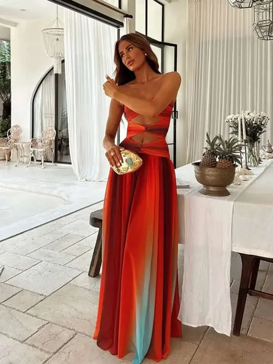 Vestido largo estampado de colisión de colores para mujer, vestido plisado de cintura alta con corte envuelto en el pecho, sin tirantes y espalda descubierta, batas de verano 2025 - 1