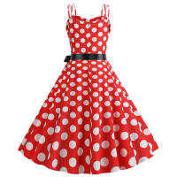 Vestido midi retro de fiesta con estampado de lunares, tirantes finos y cinturón para mujer - details 56