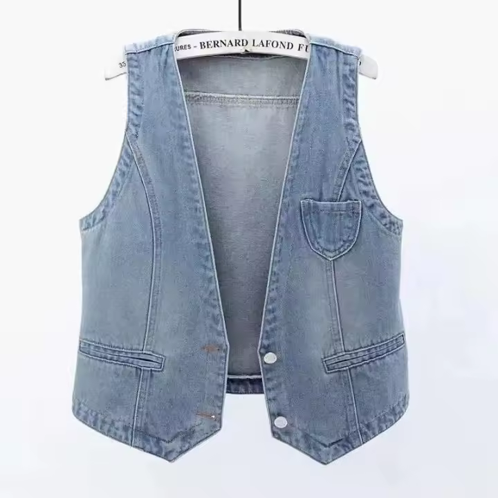 Retro denim primavera 2023, nueva chaqueta corta ajustada sin mangas, chaleco de un solo pecho, top informal azul - 1