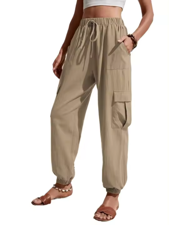 Pantalones de cintura elástica para mujer, pierna con bolsillos, estilo coreano, moda estética clásica - 1