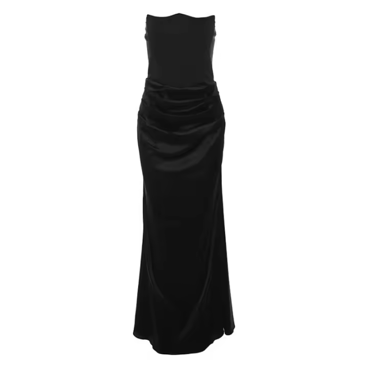 BUNO-Vestido largo largo con corsé sin tirantes para mujer, vestidos de fiesta de noche de satén negro, elegante de lujo nocturno de alta calidad - 1