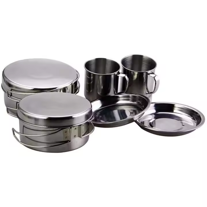 Juego de utensilios para acampar, villa para picnic, utensilios de cocina con ollas, sartenes, botellas de agua para senderismo y viajes, 8 piezas - 1