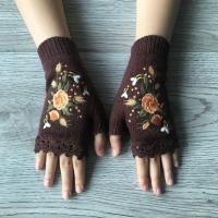 Guantes de punto para mujer, manecillas bordadas de lana cálida con medio dedo, para otoño e invierno, 2024 - details 4
