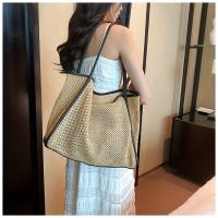 Bolso de hombro de paja de gran capacidad para mujer, textura de tejido natural, ribete de bloques de color, bolso de mano artístico de paja, perfecto para uso diario y salidas, disponible en 2 colores - details 7