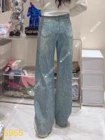 Jeans con Diamantes para Mujer Pantalones Holgados de Cintura Alta con Diamantes de Imitación Azules Ropa de Calle a la Moda - details 4