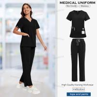 Ropa de trabajo, conjuntos de uniformes elásticos, uniforme de enfermera, uniforme médico para mujer, conjuntos de pantalones rectos de manga corta con cuello en V - details 11