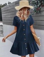 Vestido largo de algodón y lino para mujer, vestido de verano informal vintage con botones y cuello en V de manga corta suelta - details 11