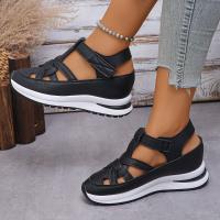 Sandalias de cuña sólidas con punta cerrada para mujer, sandalias deportivas con correa y hebilla a la moda, sandalias informales para mujer con aumento de altura para oficina - details 4