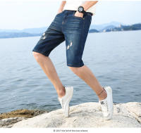 Pantalones cortos de mezclilla perforados lavables personalizados para hombre, pantalones vaqueros rectos azules casuales, recién llegados, Verano - details 7