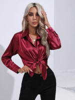 Camisa de manga larga para mujer, camisa elegante de color, satén, imitación de seda - details 1