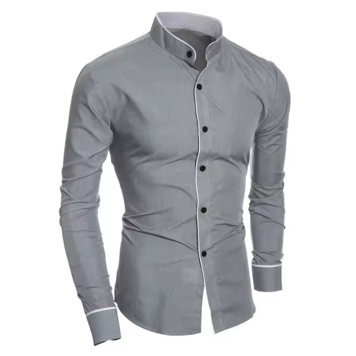 Camisa de manga larga para hombre, estilo coreano, corte ajustado, color sólido, casual, primavera y otoño, cierre único, poliéster. - 1
