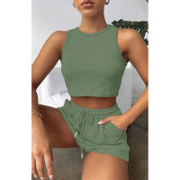 Conjunto de dos piezas de verano para mujer, chaleco sin mangas de color sólido con textura gofre y pantalones cortos casuales de moda. - details 7
