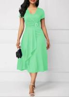 Vestidos de verano elegantes, color sólido, mangas cortas, cuello en V, dobladillo asimétrico, cintura delgada, vestido de fiesta hasta la rodilla, para mujer - details 12