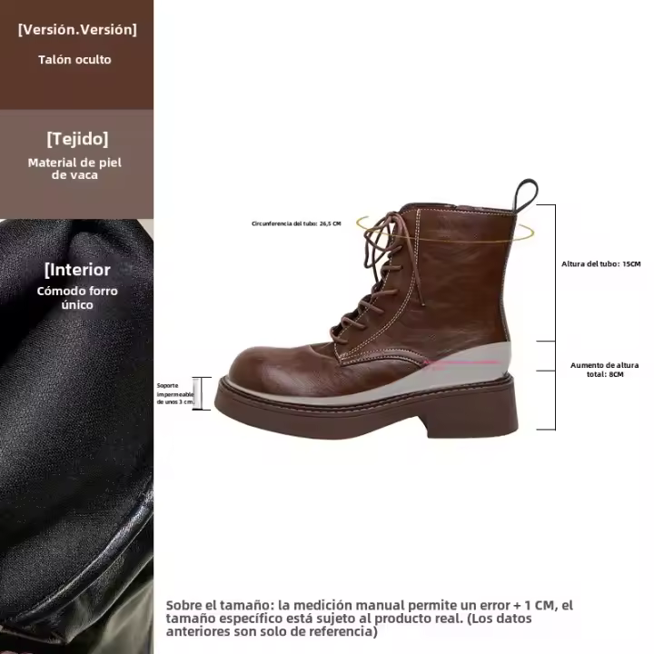 Botas cortas británicas retro con cordones que aumentan la altura interior pequeña de piel de vaca botas de caballero para mujer. - 1