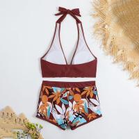Bikini abierto con estampado de hojas retro en talla grande, conjunto de traje de baño de dos piezas con correas estables para mujer - details 44