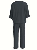 Conjunto de pantalones de pierna ancha holgados informales con manga de murciélago y cuello de 2025V para mujer - details 7