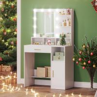 Tocador con Espejo y 10 Luces LED, tocador de Maquillaje con 3 estantes y 4 Compartimentos Abiertos, tocador con cajón Grande y Armario, 3 Luces Ajustables, Blanco - details 5