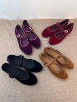 Zapatos de terciopelo para mujer, ropa de calle informal con puntadas a mano, bailarinas, zapatos de tacón de tela roja de Color sólido, mocasines - details 0