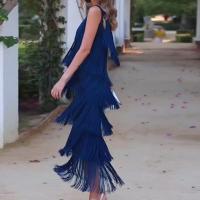 Vestido con diseño de empalme de borlas multicapa, cuello inclinado, color sólido, nueva moda 2024 - details 1