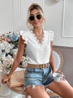 Camiseta elegante a la moda para mujer, camisa informal tejida con encaje plisado de retales de manga corta con cuello en V pequeño para mujer - details 5