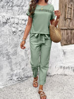 Conjuntos de verano de 2 piezas para mujer, Tops de manga raglán con pantalones, Verde S - details 21
