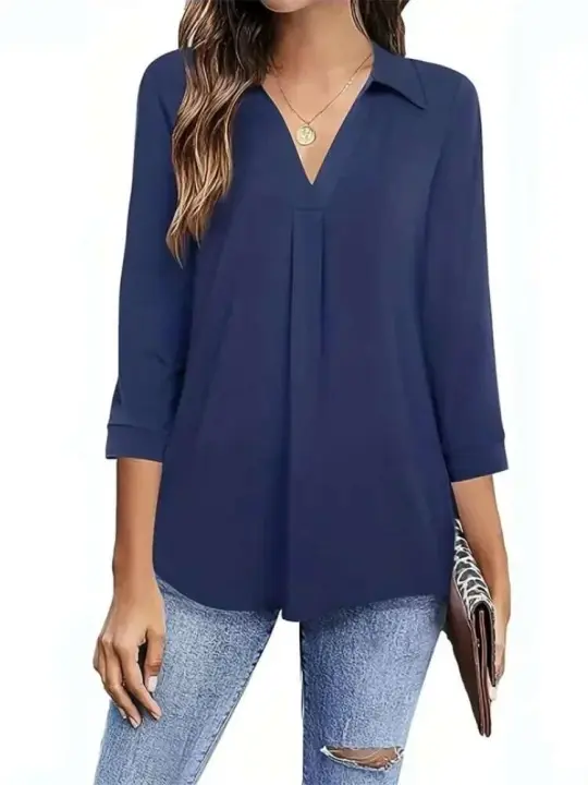 Blusas estilo Primavera Verano para mujer, camisas informales de manga tres cuartos con cuello vuelto, blusas holgadas de Color sólido - 1